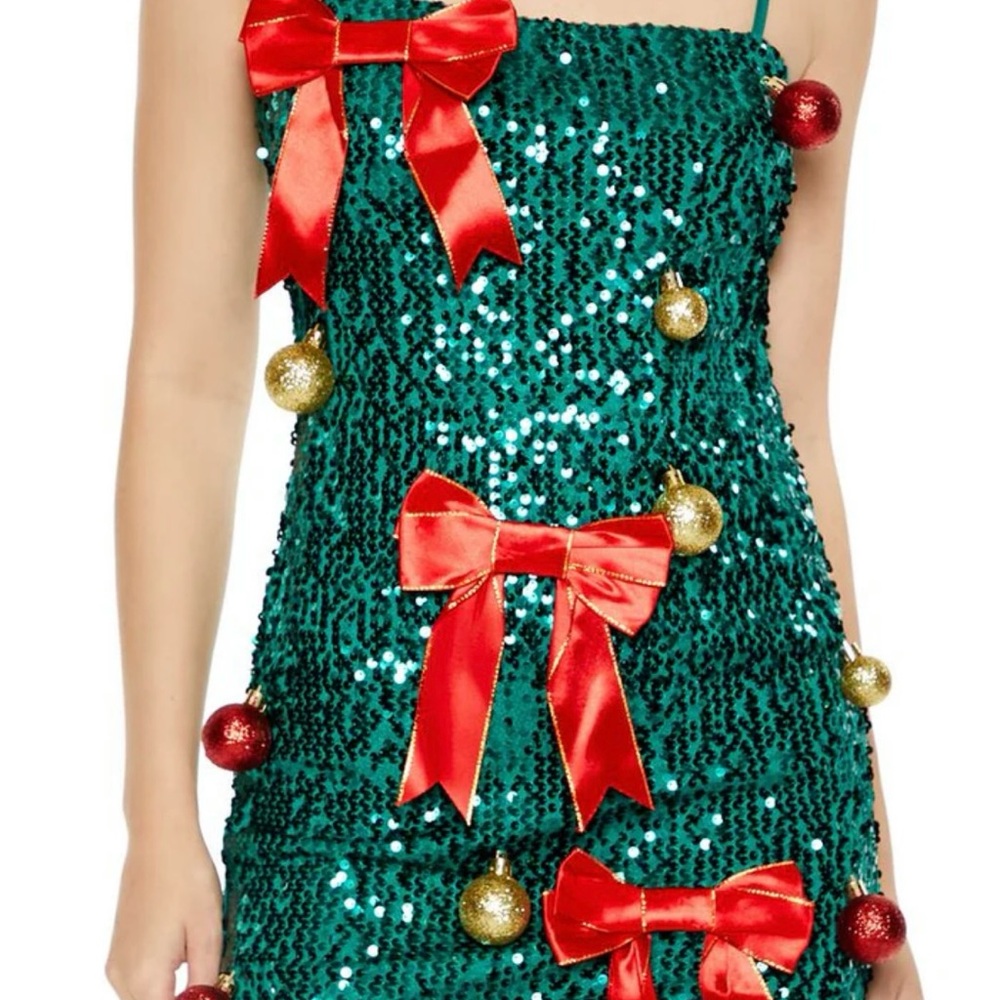 Forever 21 Christmas Green Sequin Mini Dress with Red Accents